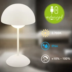 Lámpara de mesa LED recargable Kugle, blanca, metal, IP44, atenuable