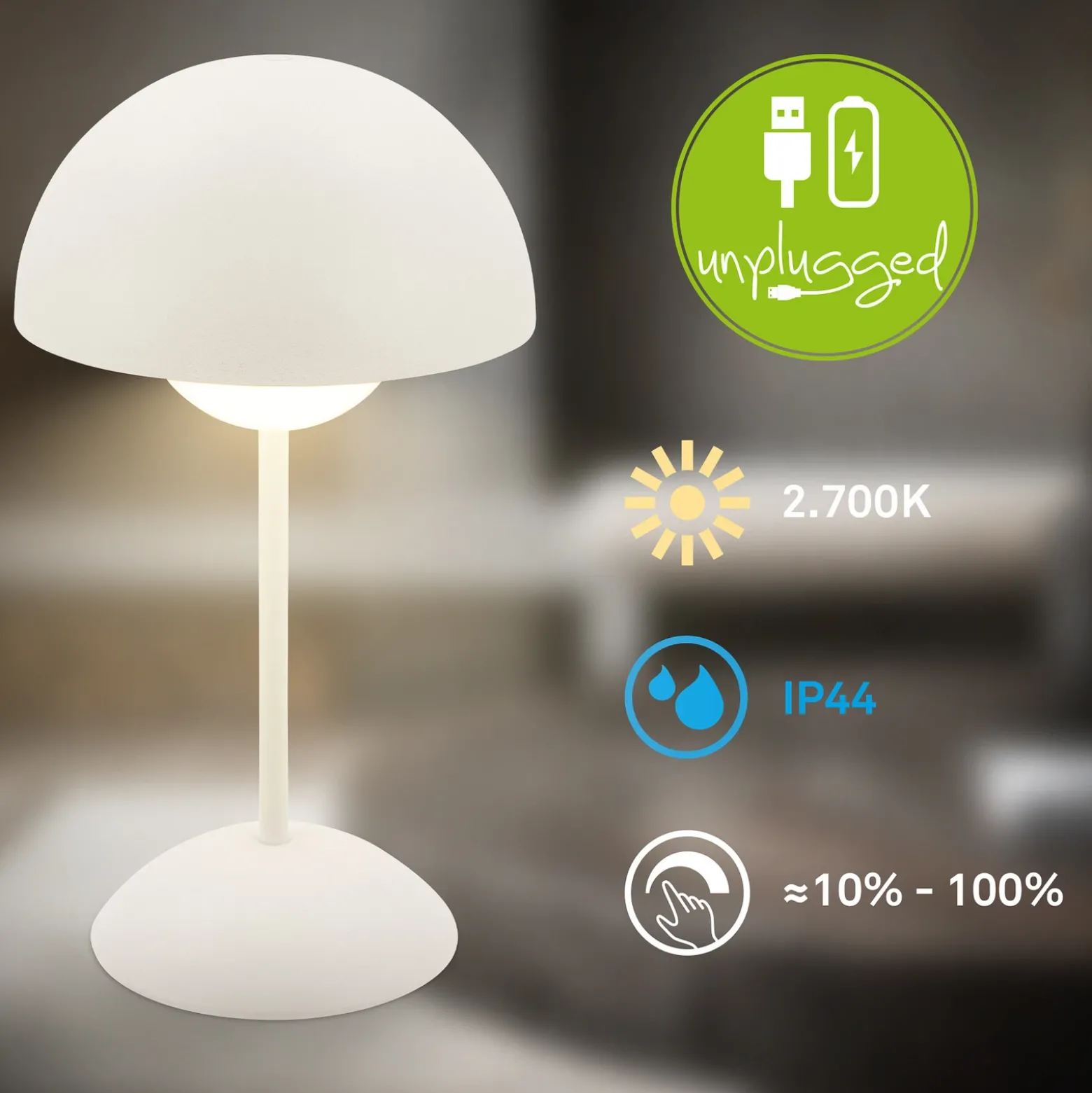 Lámpara de mesa LED recargable Kugle, blanca, metal, IP44, atenuable