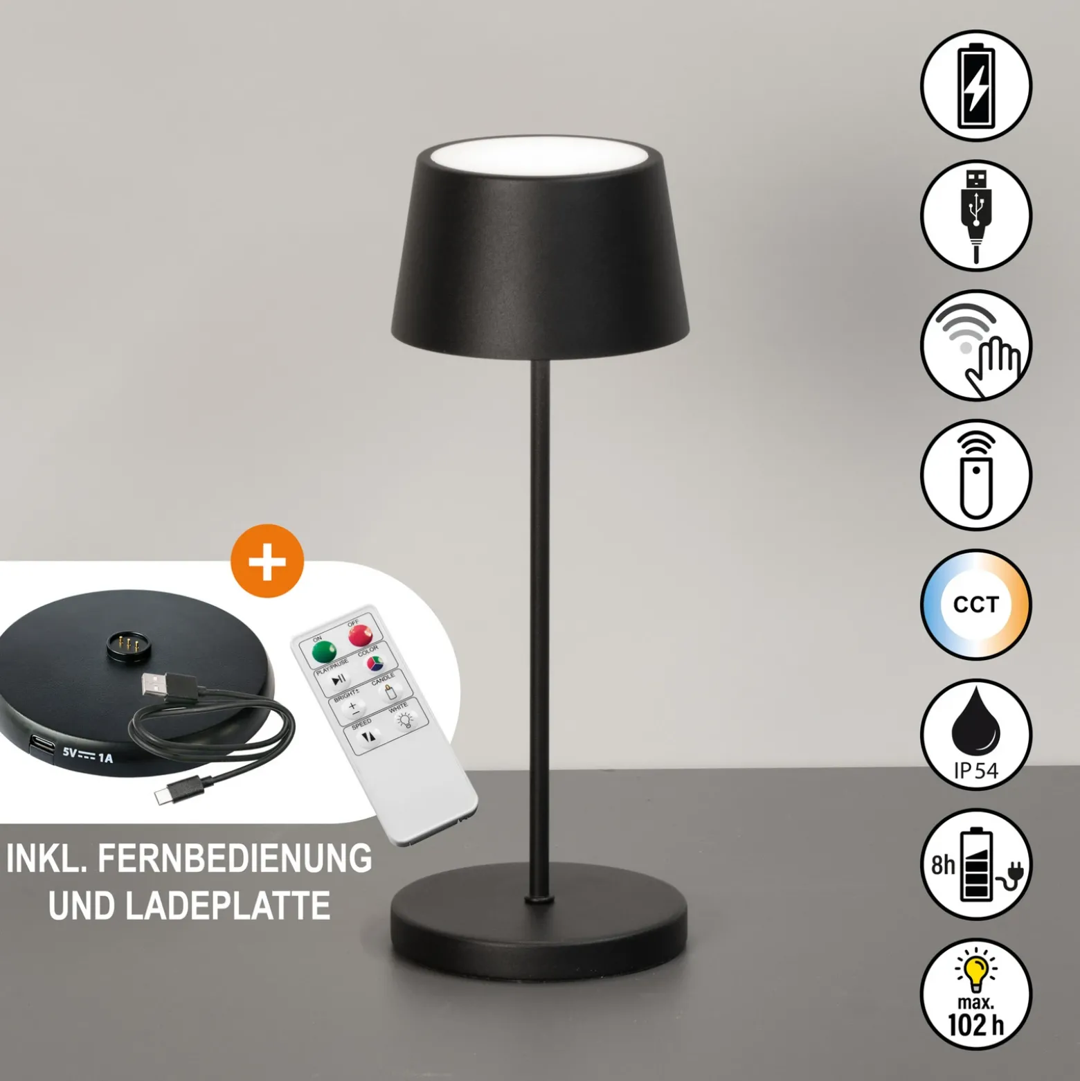 Lámpara de mesa LED recargable Asena Pro negro arena, 30 cm metal IP54