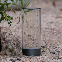 Lámpara de mesa LED recargable Edison, altura 32 cm, gris/transparente, IP54