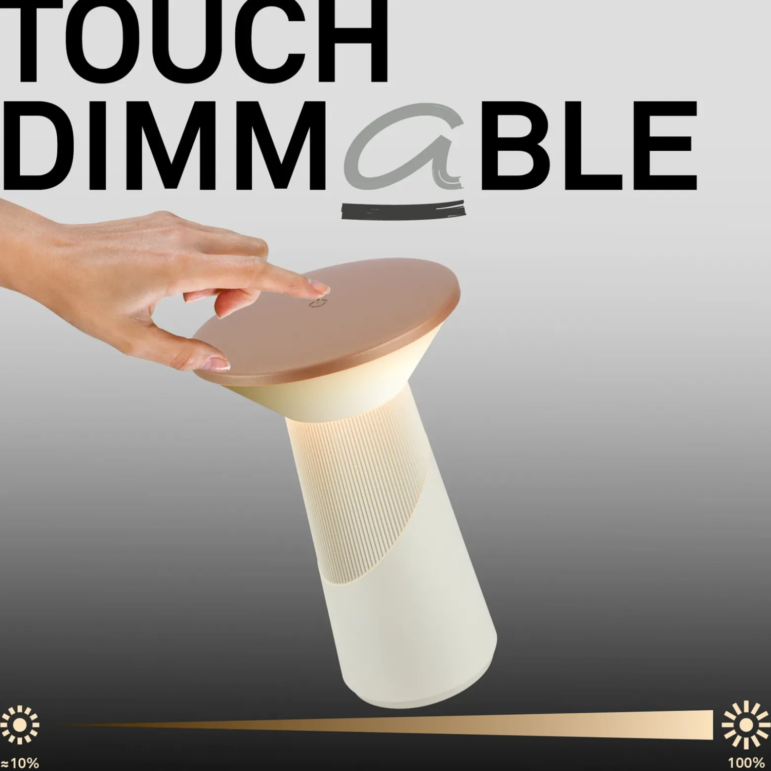 Lámpara de mesa LED recargable Pilia, marrón/gris claro, altura 24 cm, IP44