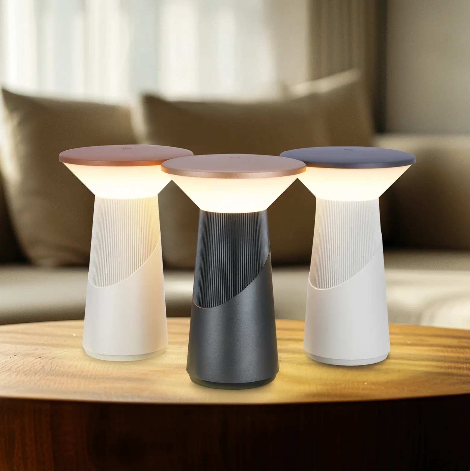 Lámpara de mesa LED recargable Pilia, marrón/gris claro, altura 24 cm, IP44