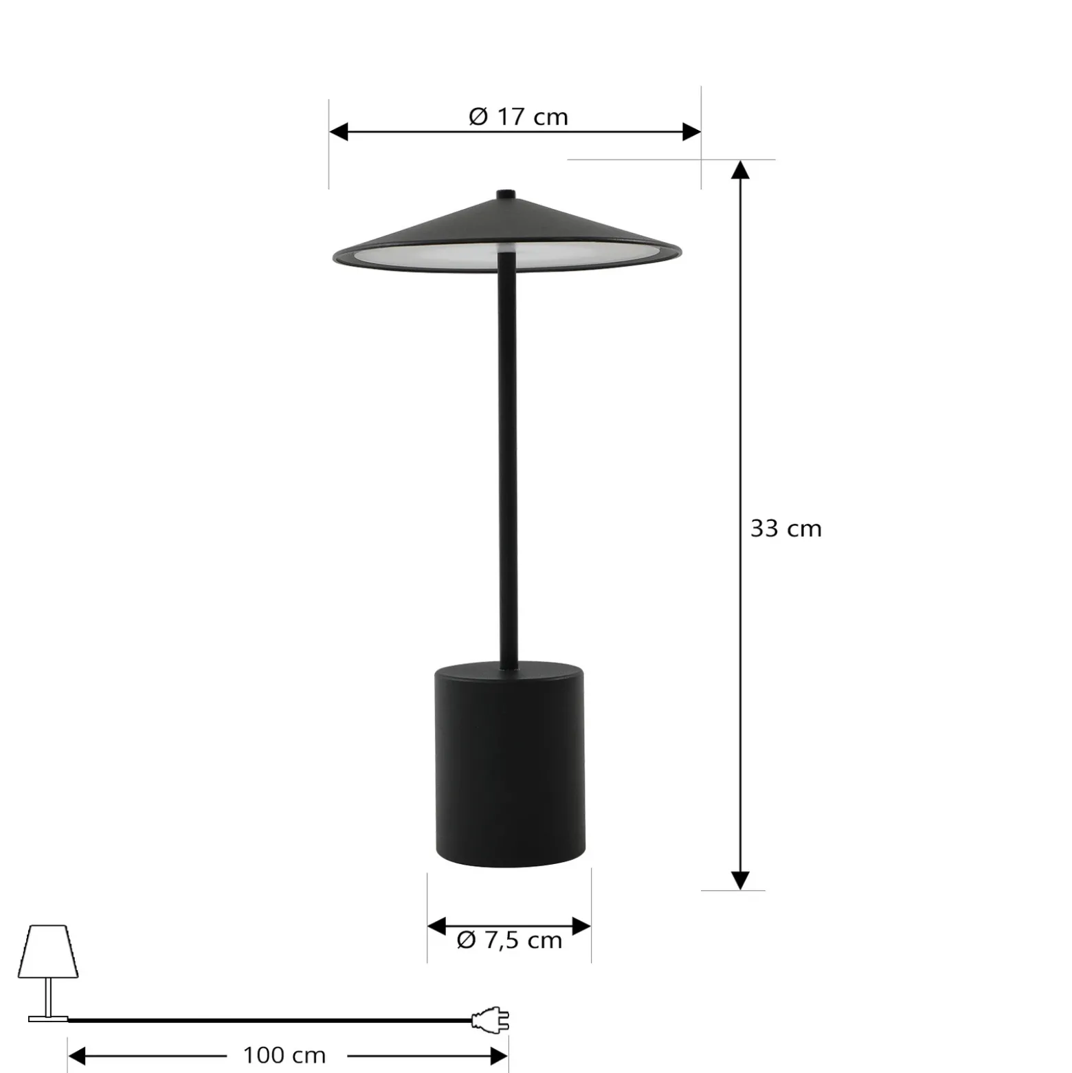 Lámpara de mesa Lindby LED recargable Ayva, negra, aluminio, IP44