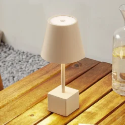Lámpara de mesa Lindby LED recargable Janea CUBE, beige, metal