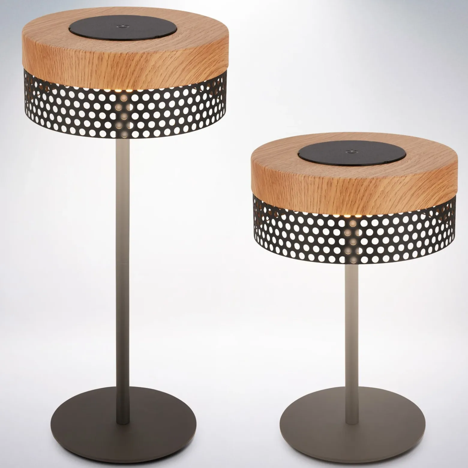 Lámpara de mesa recargable Booha, marrón, metal, IP44, atenuable