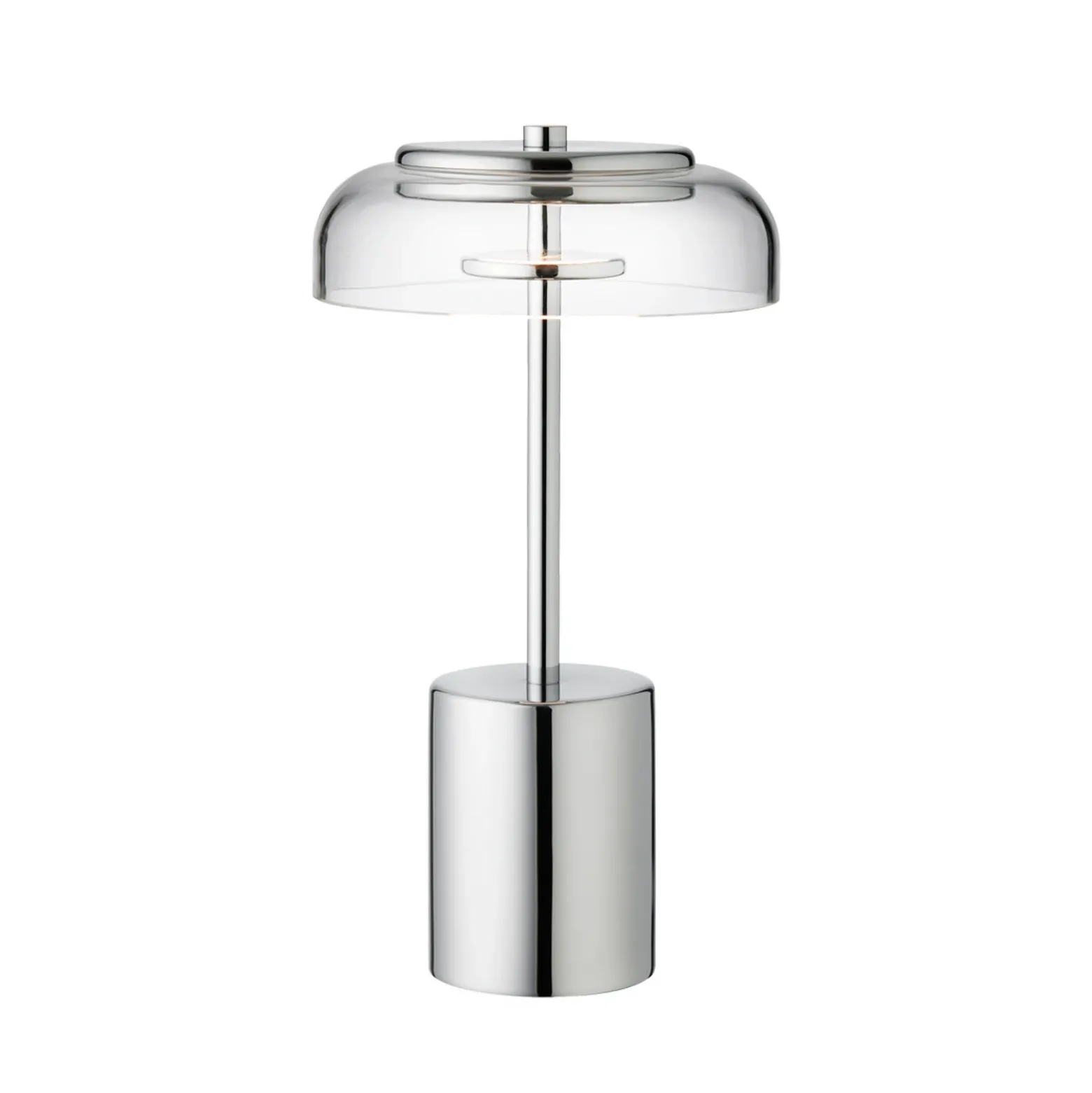 Lámpara de mesa recargable LED Nuura Blossi, altura 26 cm, cromado/transparente