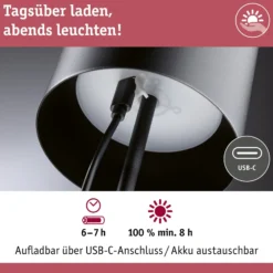 Lámpara de mesa recargable LED Paulmann Tuni, negra, plástico, IP44