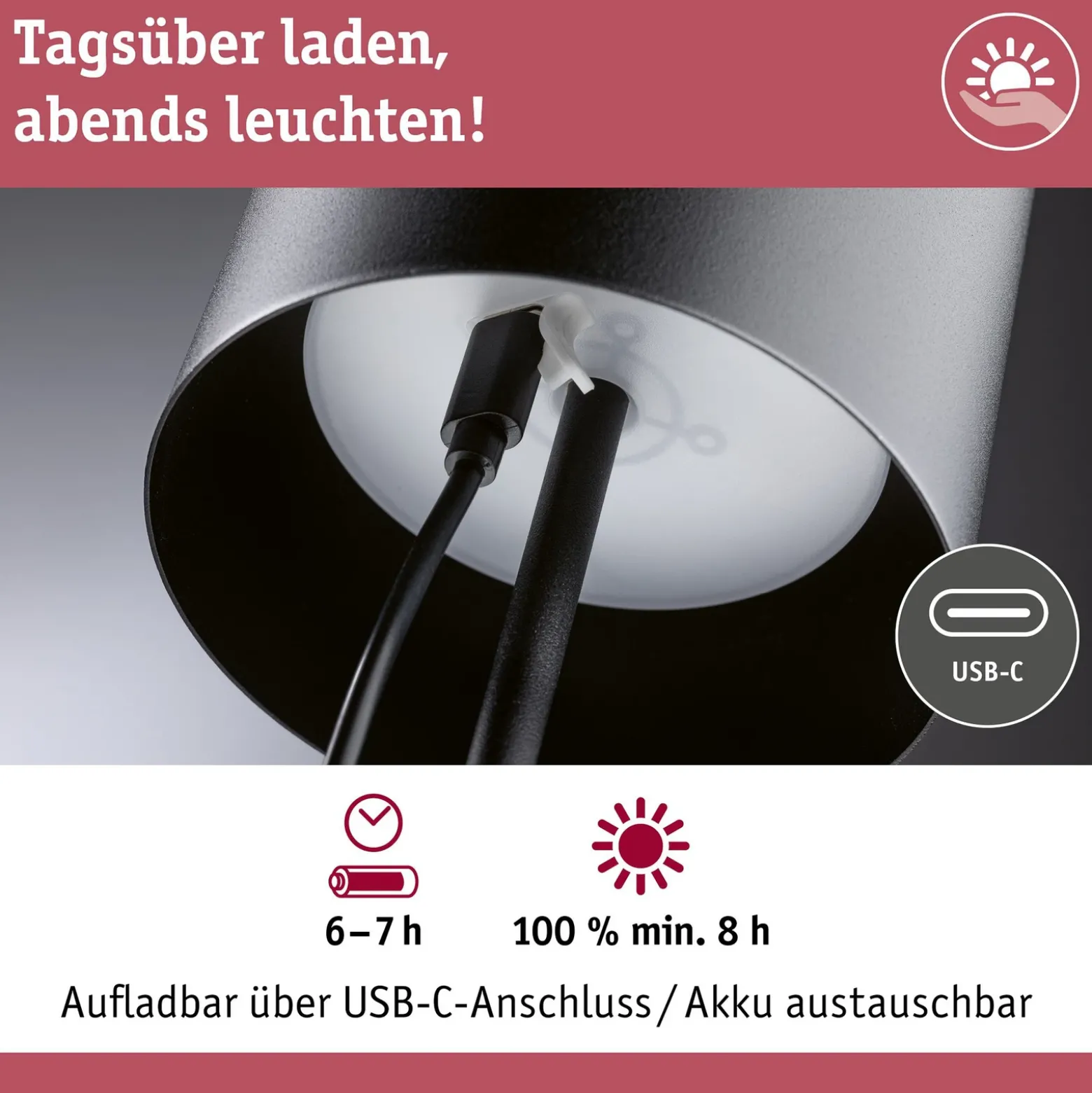 Lámpara de mesa recargable LED Paulmann Tuni, negra, plástico, IP44