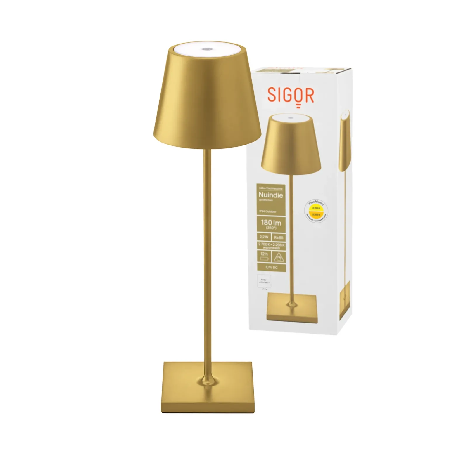 Lámpara de mesa recargable Nuindie LED, USB-C, dorada, IP54, atenuable