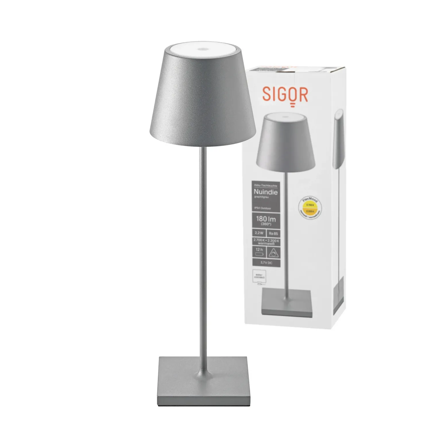 Lámpara de mesa recargable Nuindie LED, USB-C, grafito, IP54, atenuable