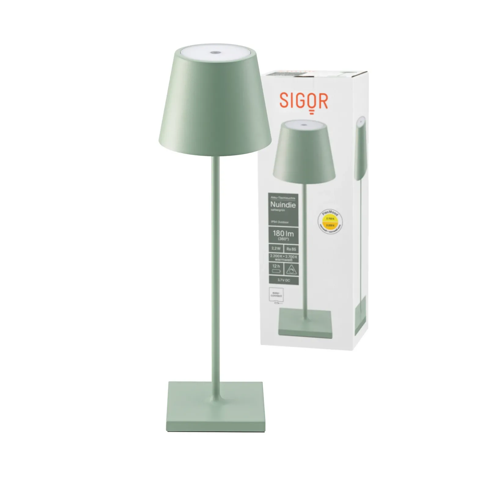 Lámpara de mesa recargable Nuindie LED, USB-C, verde salvia, IP54,
