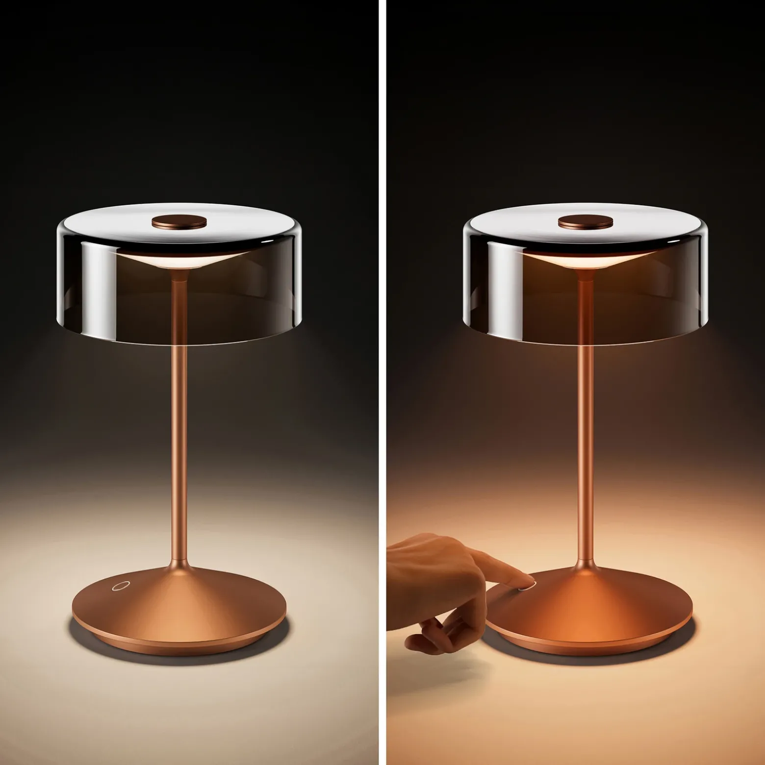 Lámpara de mesa recargable Numotion LED, bronce, cristal, IP54, atenuable