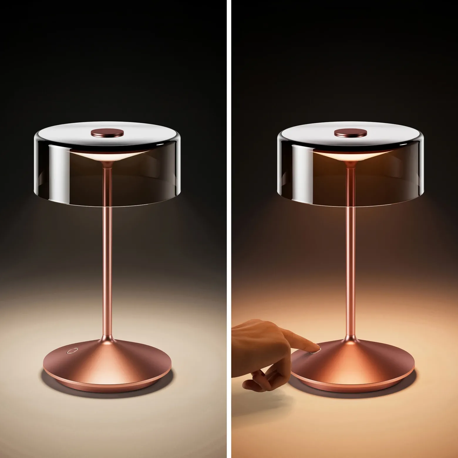 Lámpara de mesa recargable Numotion LED, oro rosa, cristal, IP54, atenuable
