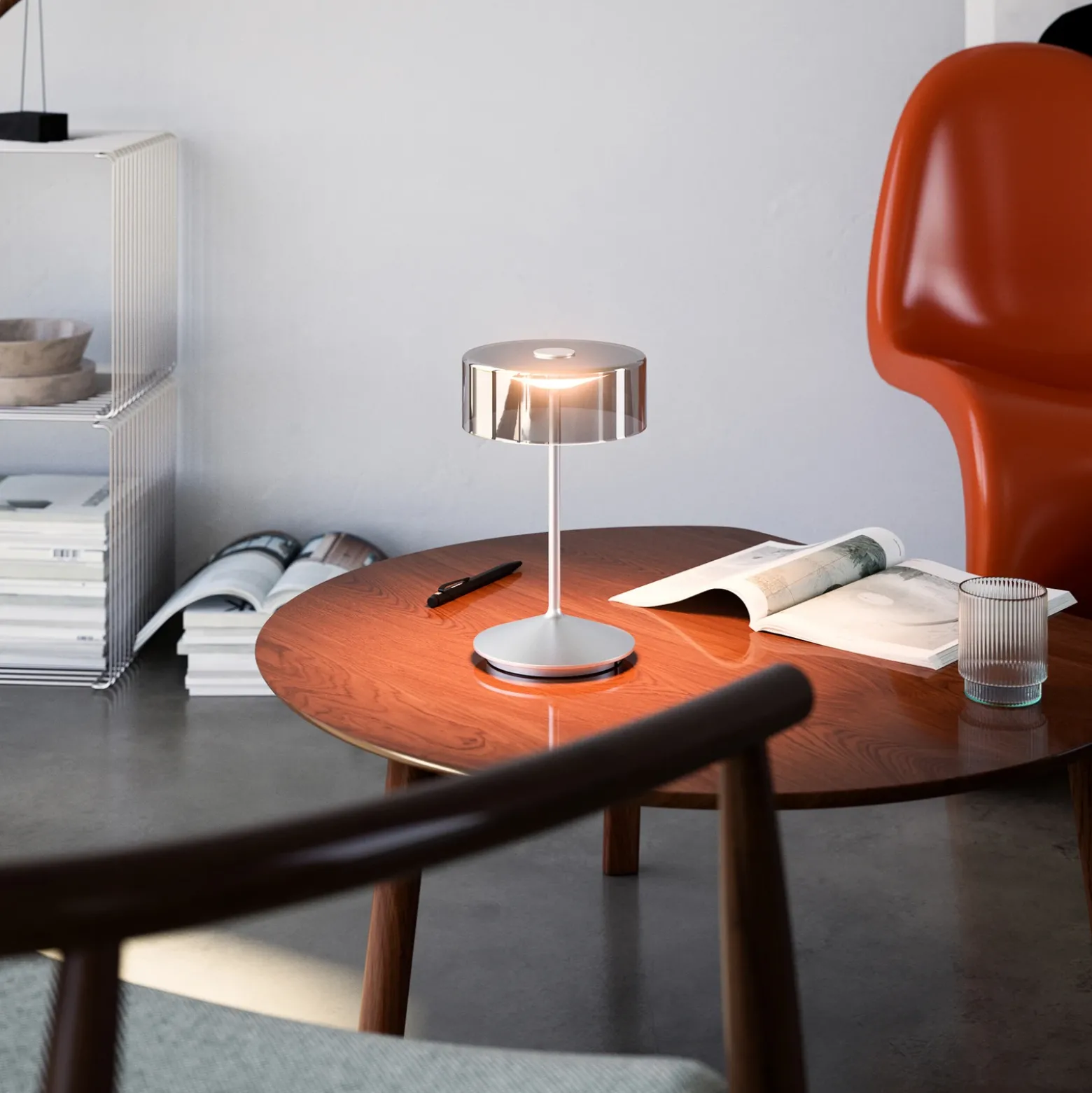 Lámpara de mesa recargable Numotion LED, plata, cristal, IP54, atenuable