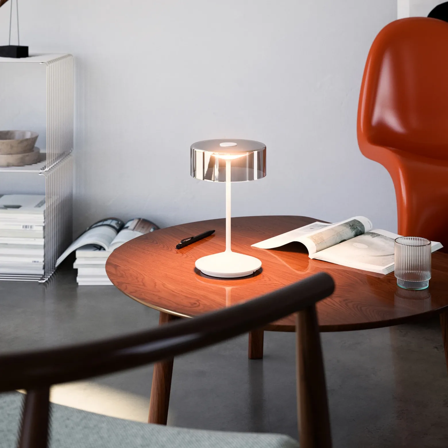 Lámpara de mesa recargable Numotion LED, blanca, cristal, IP54, atenuable