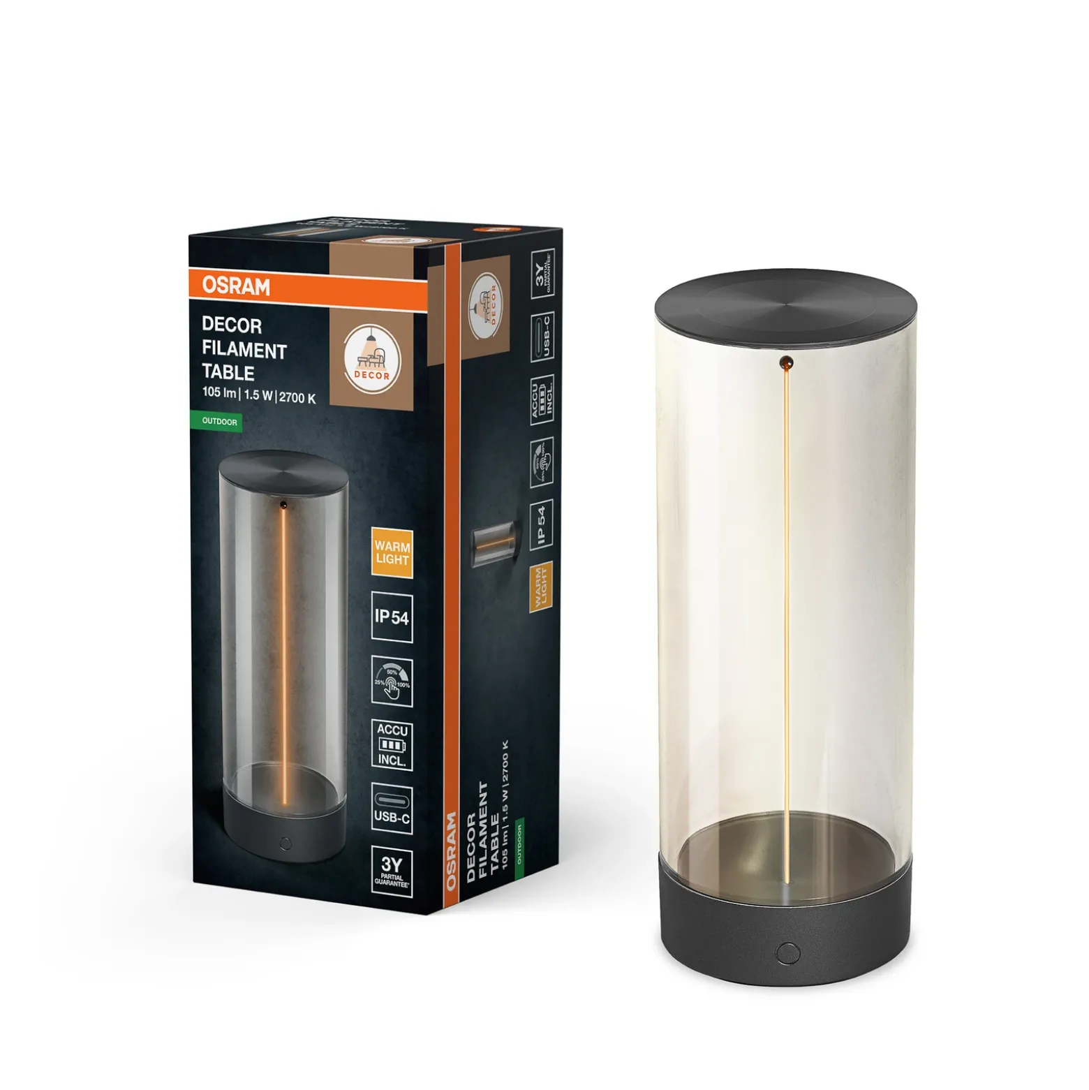 Lámpara de mesa recargable OSRAM ENDURA STYLE DECOR FILAMENT gris, IP54