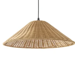 Lámpara de pie exterior Lucande Taniola, cónica, ratán, 195 cm, IP44