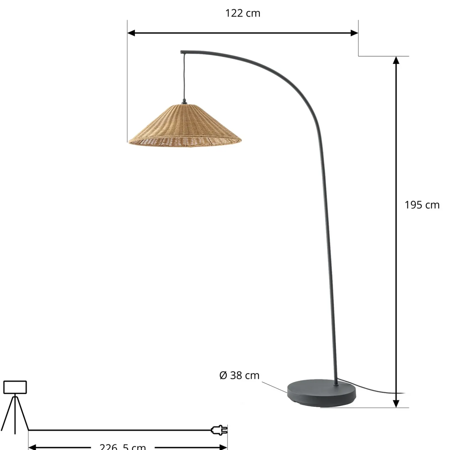 Lámpara de pie exterior Lucande Taniola, cónica, ratán, 195 cm, IP44