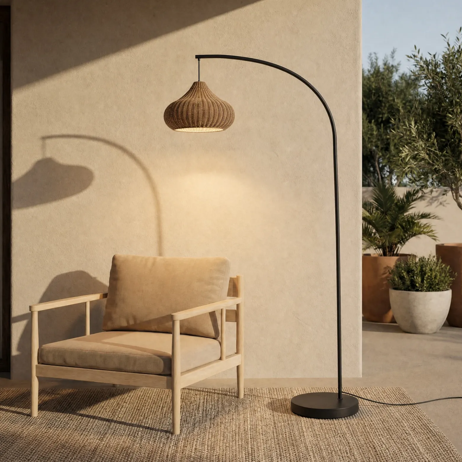 Lámpara de pie exterior Lucande Taniola, beige, ratán, 195 cm, IP44