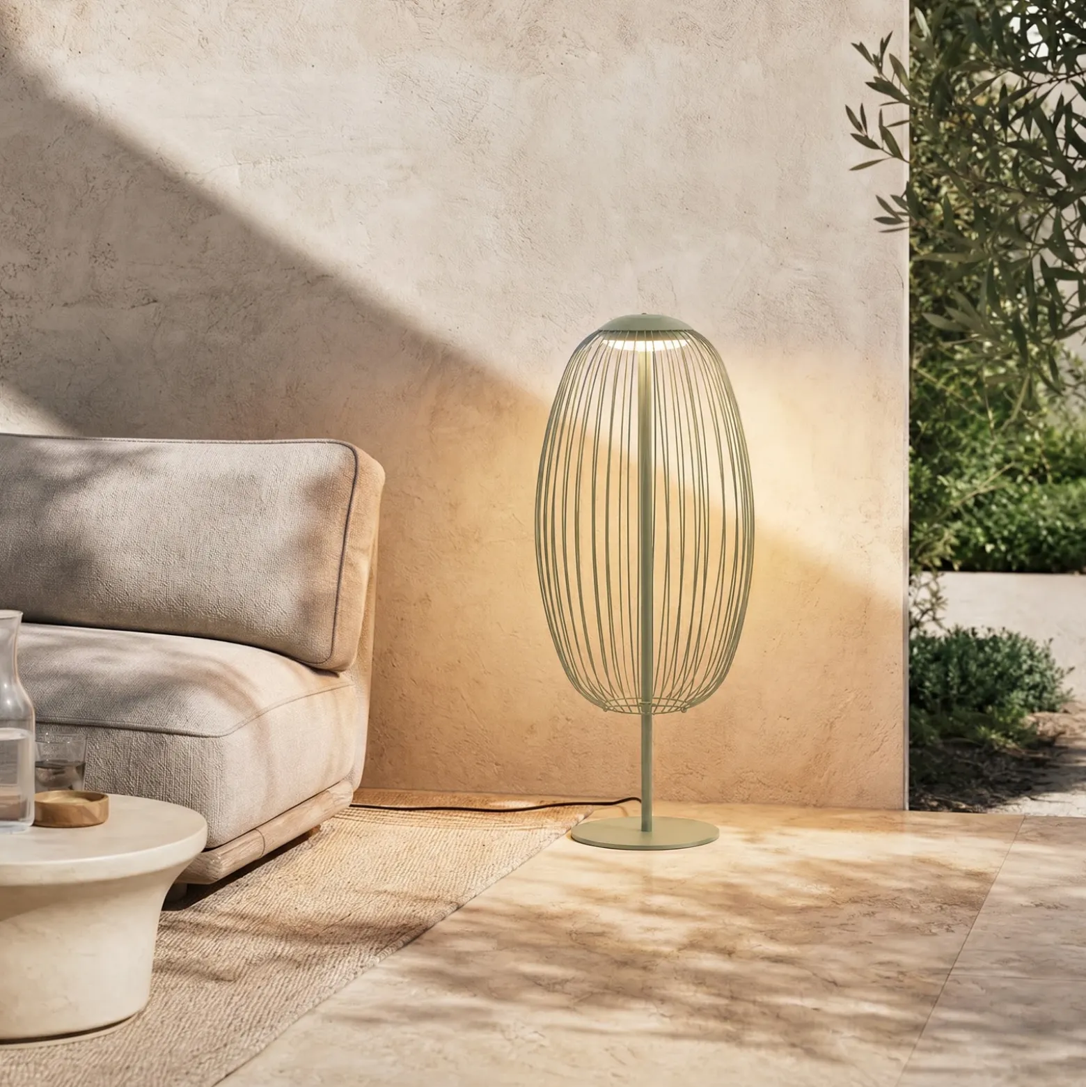 Lámpara de pie LED exterior Lucande Richi, verde, altura 90 cm, IP44