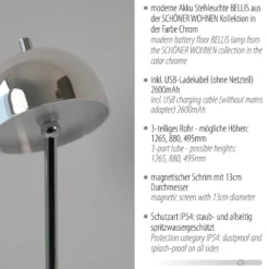 Lámpara de pie LED recargable Bellis cromada de Schöner Wohnen, IP54, 3000 K