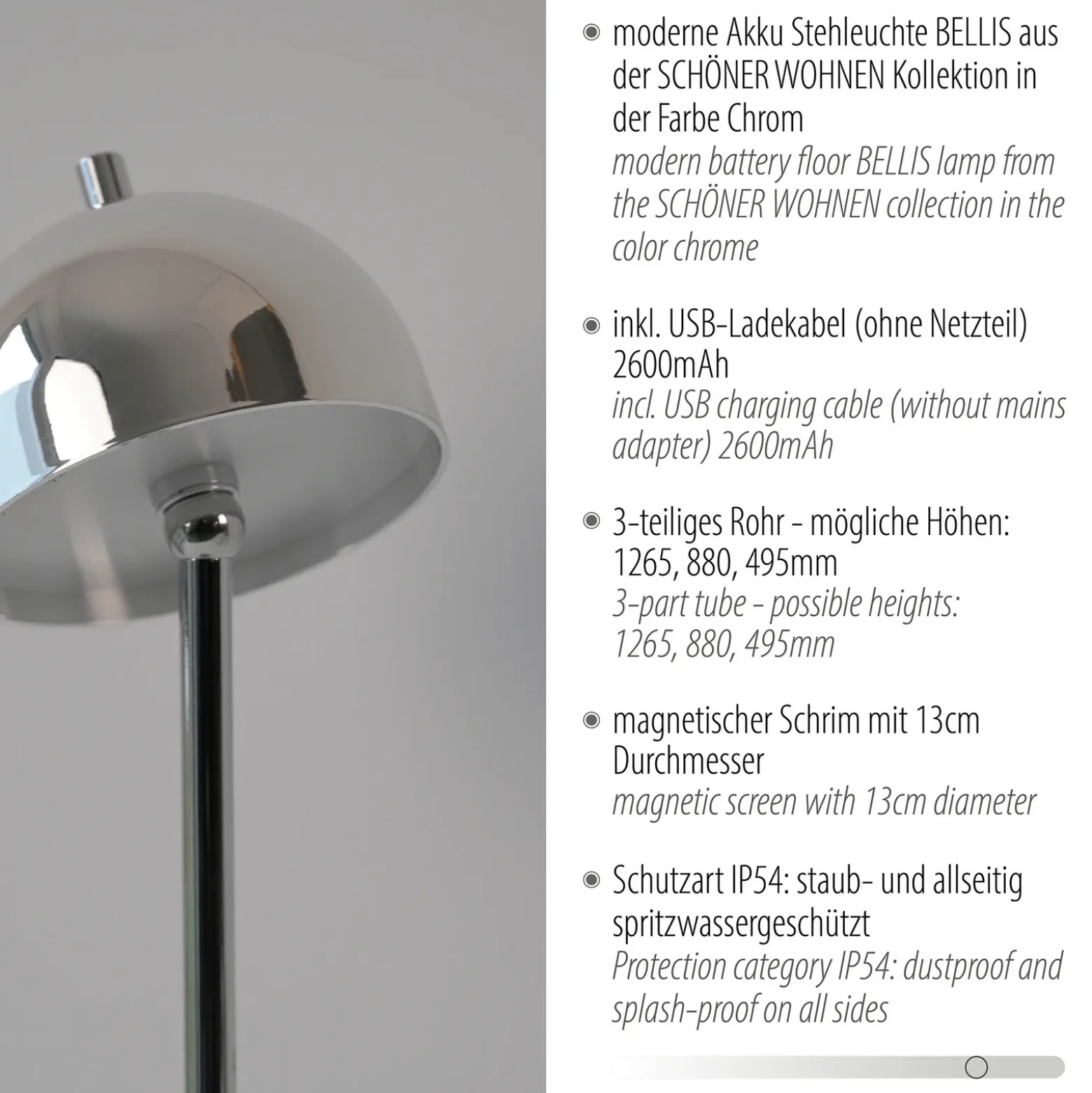 Lámpara de pie LED recargable Bellis cromada de Schöner Wohnen, IP54, 3000 K