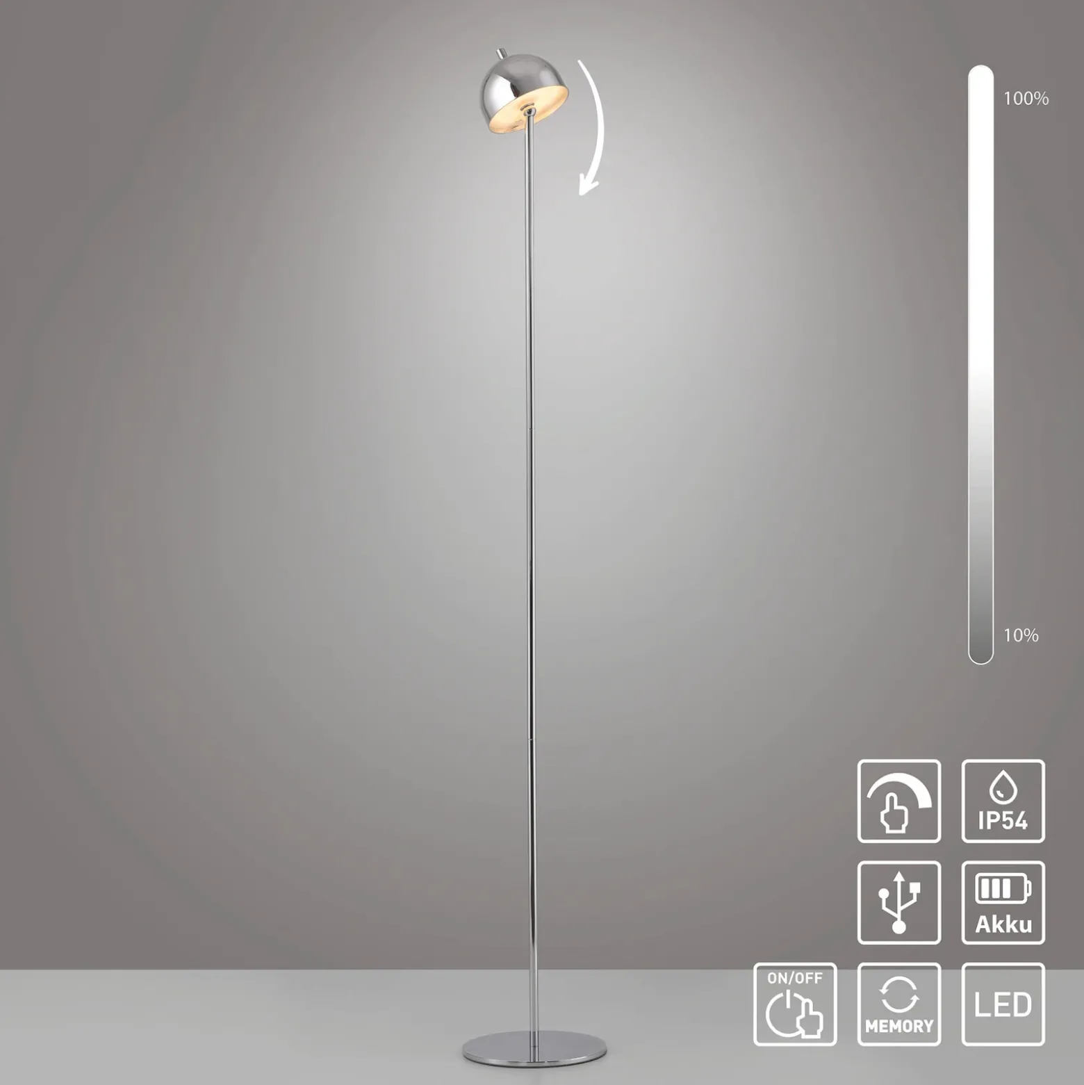 Lámpara de pie LED recargable Bellis cromada de Schöner Wohnen, IP54, 3000 K