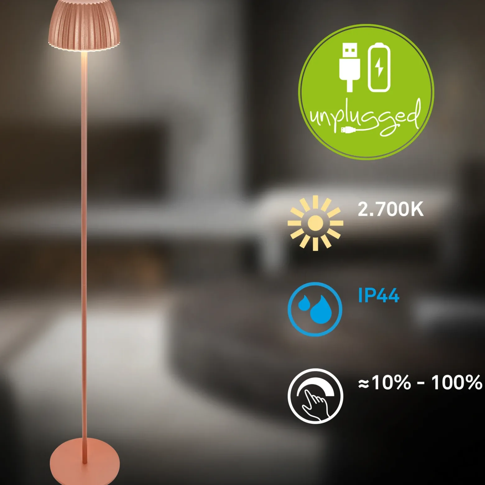 Lámpara de pie LED recargable Brilo unplugged Riffle, color cobre