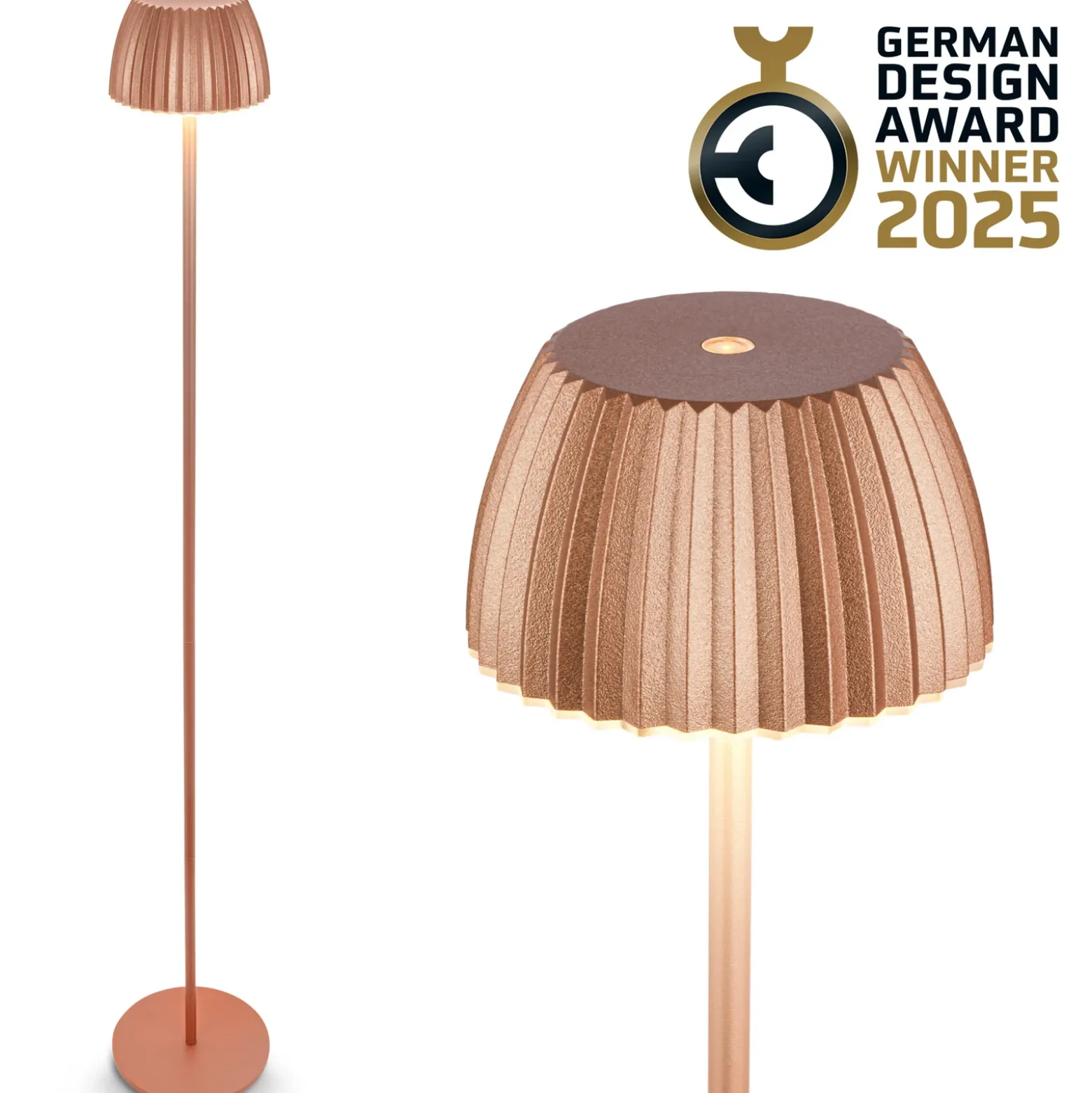 Lámpara de pie LED recargable Brilo unplugged Riffle, color cobre