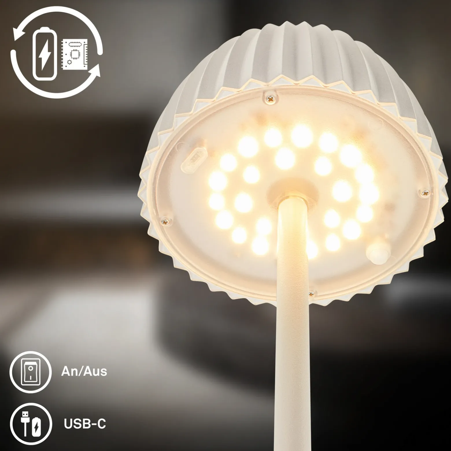 Lámpara de pie LED recargable Brilo unplugged Riffle, blanca, regulador táctil
