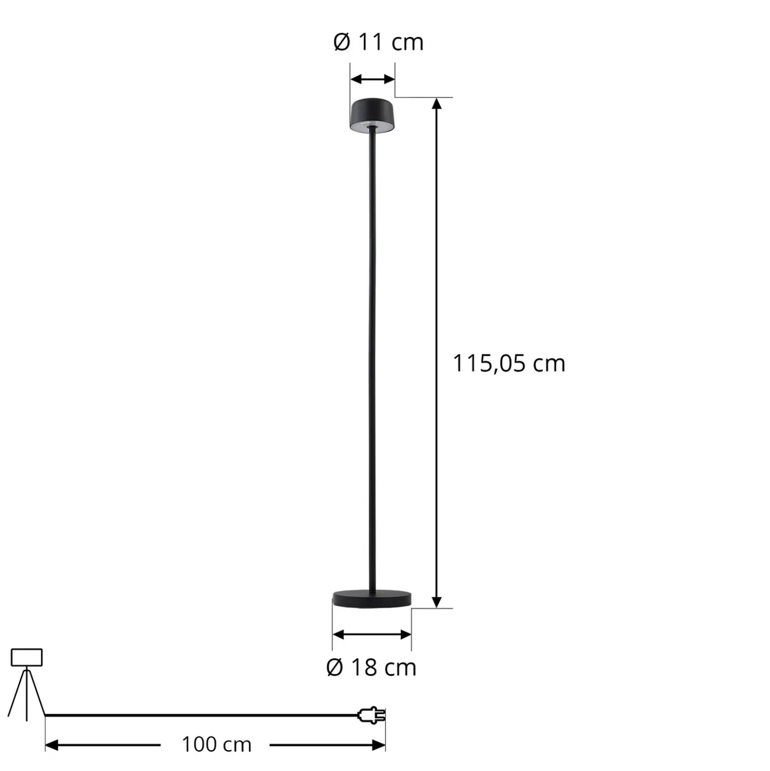 Lámpara de pie LED recargable Isason de Lindby, negra, aluminio, Ø 11 cm