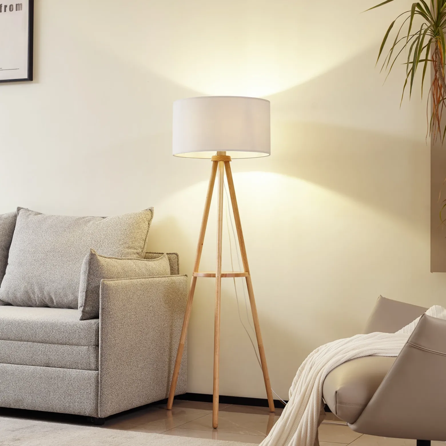 Lámpara de pie Lindby Adamio, Ø 45,5 cm, blanca, textil, trípode