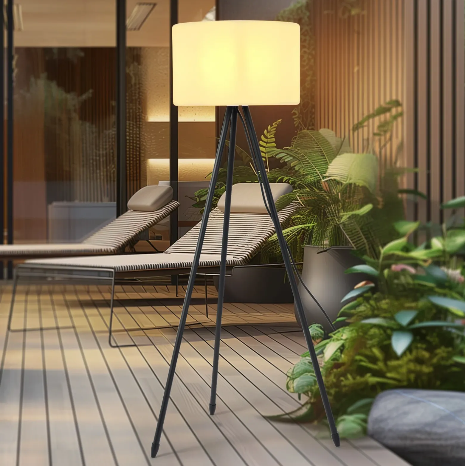 Lámpara de terraza Lucande Trivira, altura 130 cm, trípode