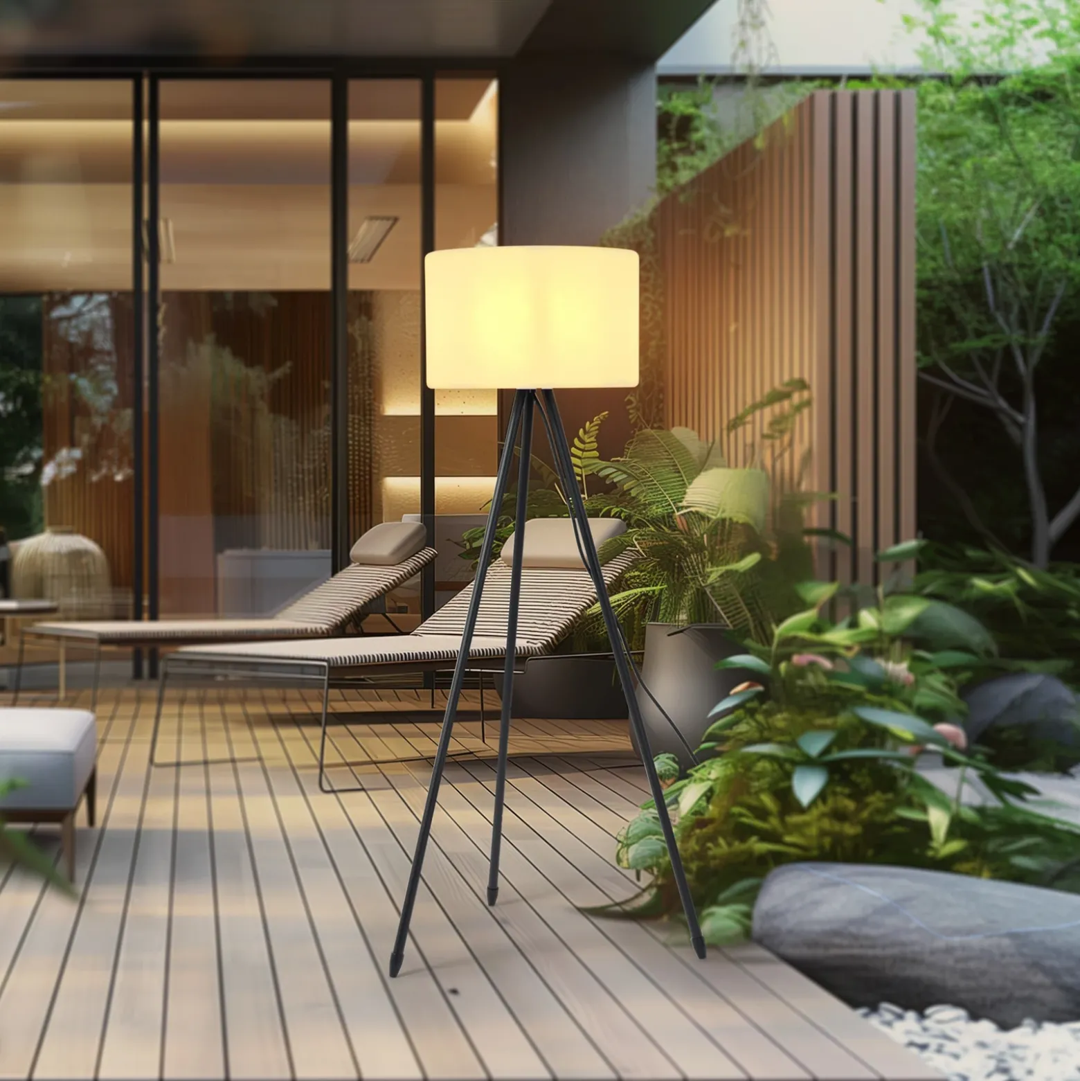 Lámpara de terraza Lucande Trivira, altura 130 cm, trípode