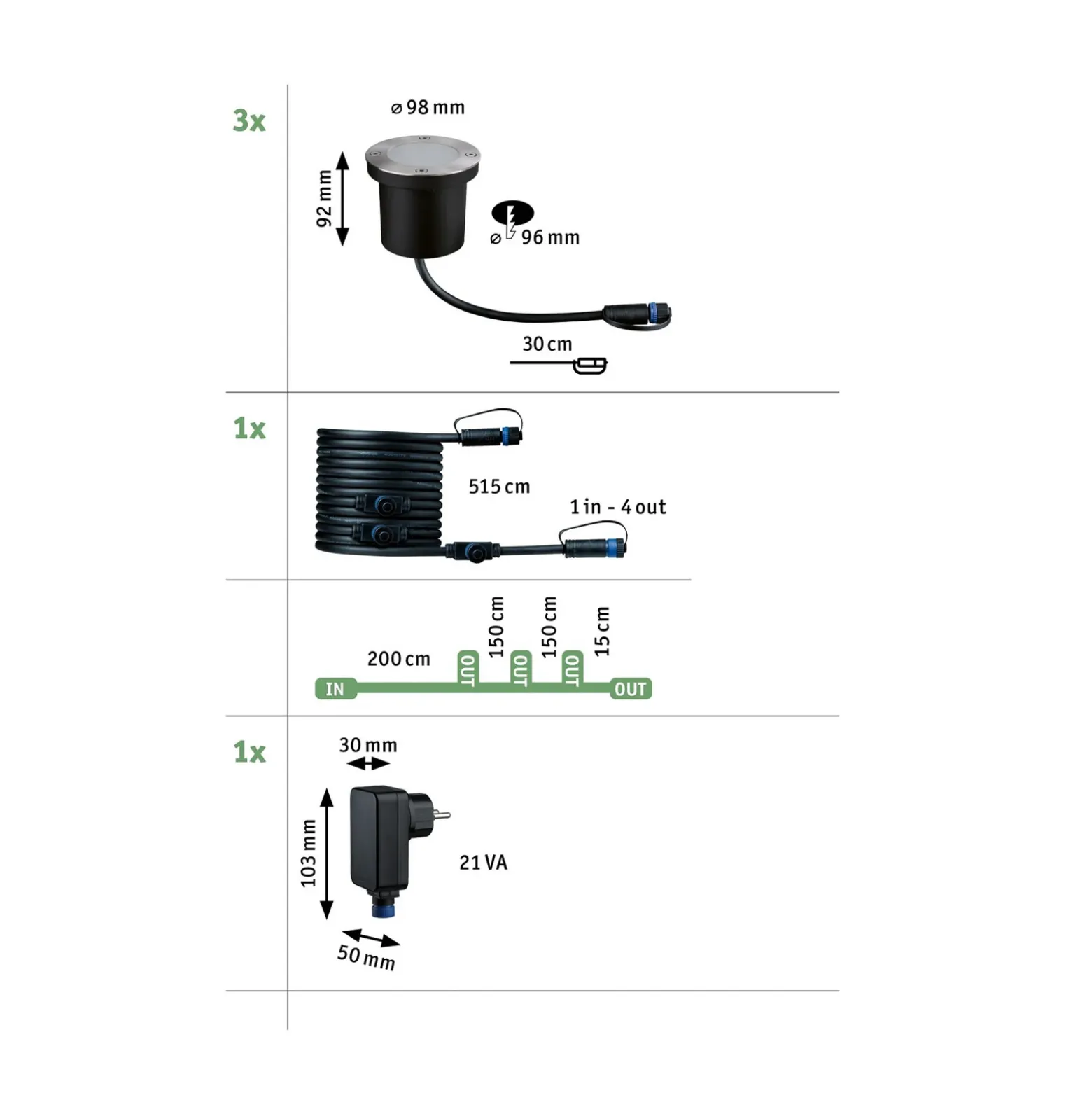 Lámpara empotrable LED Paulmann Plug & Shine, 4,5 W, juego de 3, Ø 10 cm, IP67