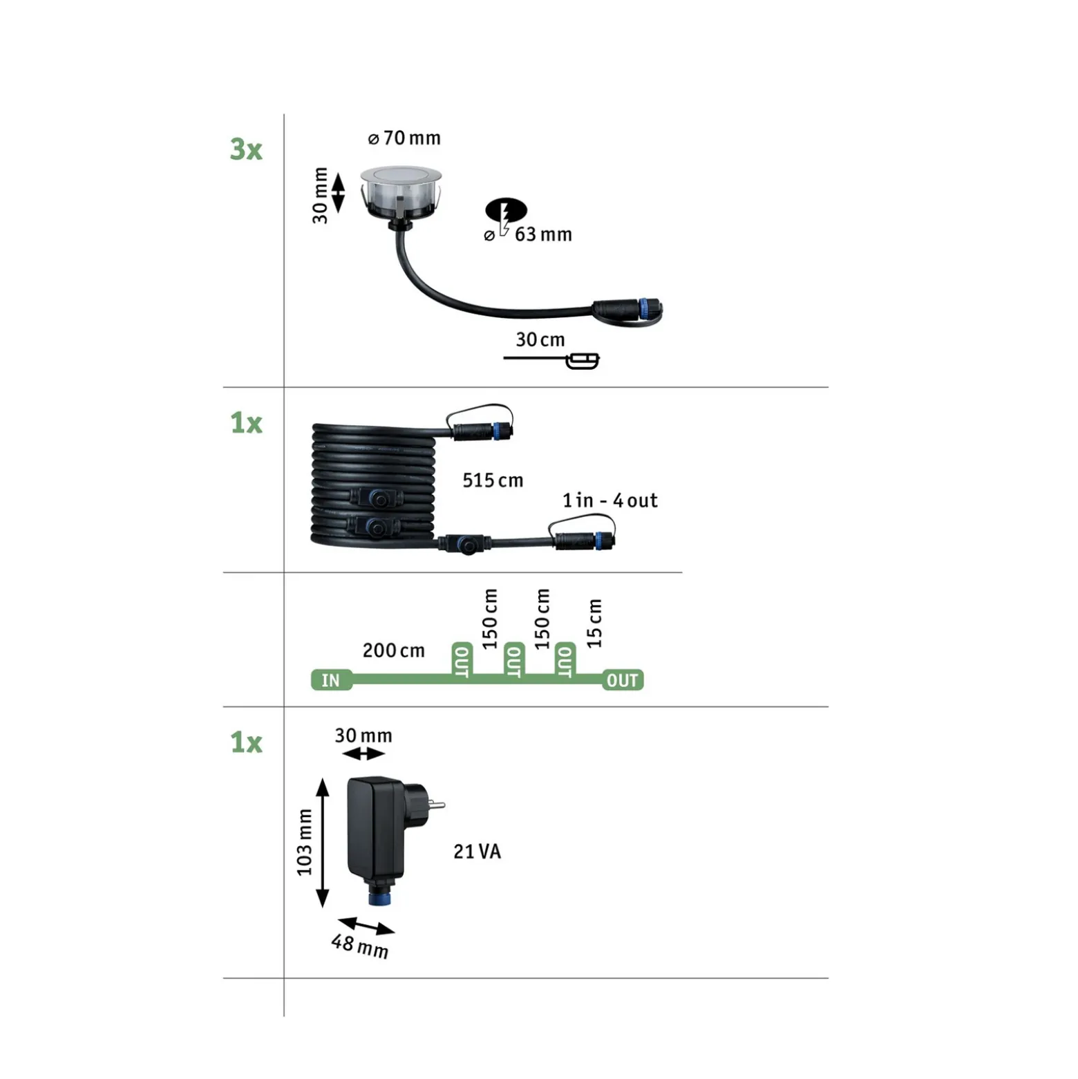 Lámpara empotrable LED Paulmann Plug & Shine, 2 W, juego de 3, Ø 7 cm, IP67