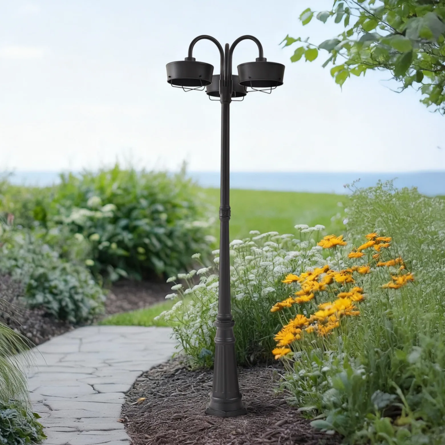 Lámpara exterior LED PRIOS Thorus, 204 cm, negro, 3 luces, IP44