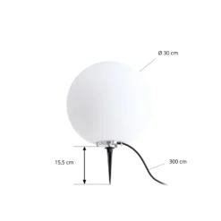 Lámpara globo Lindby Valyra, Ø 30 cm, IP54, pica para fijar en el suelo