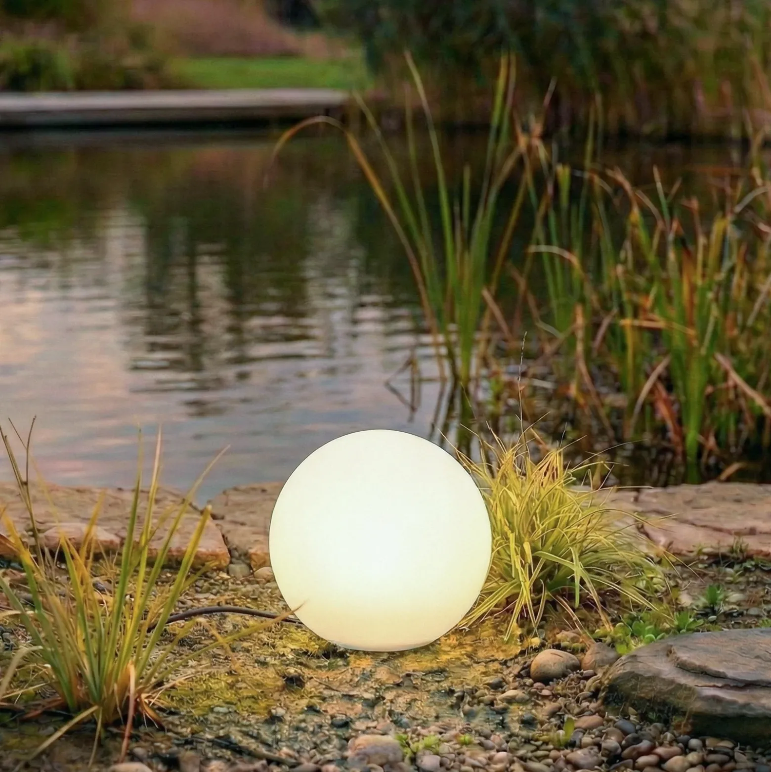 Lámpara globo Lindby Valyra, Ø 30 cm, IP54, pica para fijar en el suelo