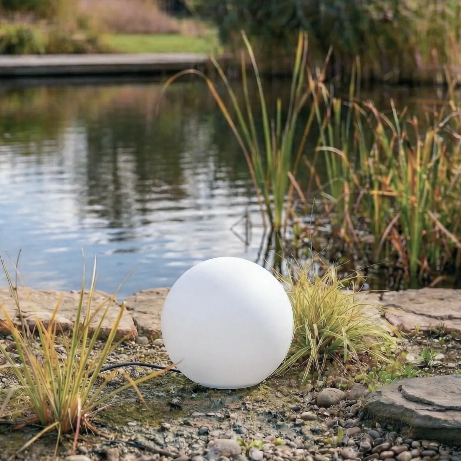 Lámpara globo Lindby Valyra, Ø 30 cm, IP54, pica para fijar en el suelo