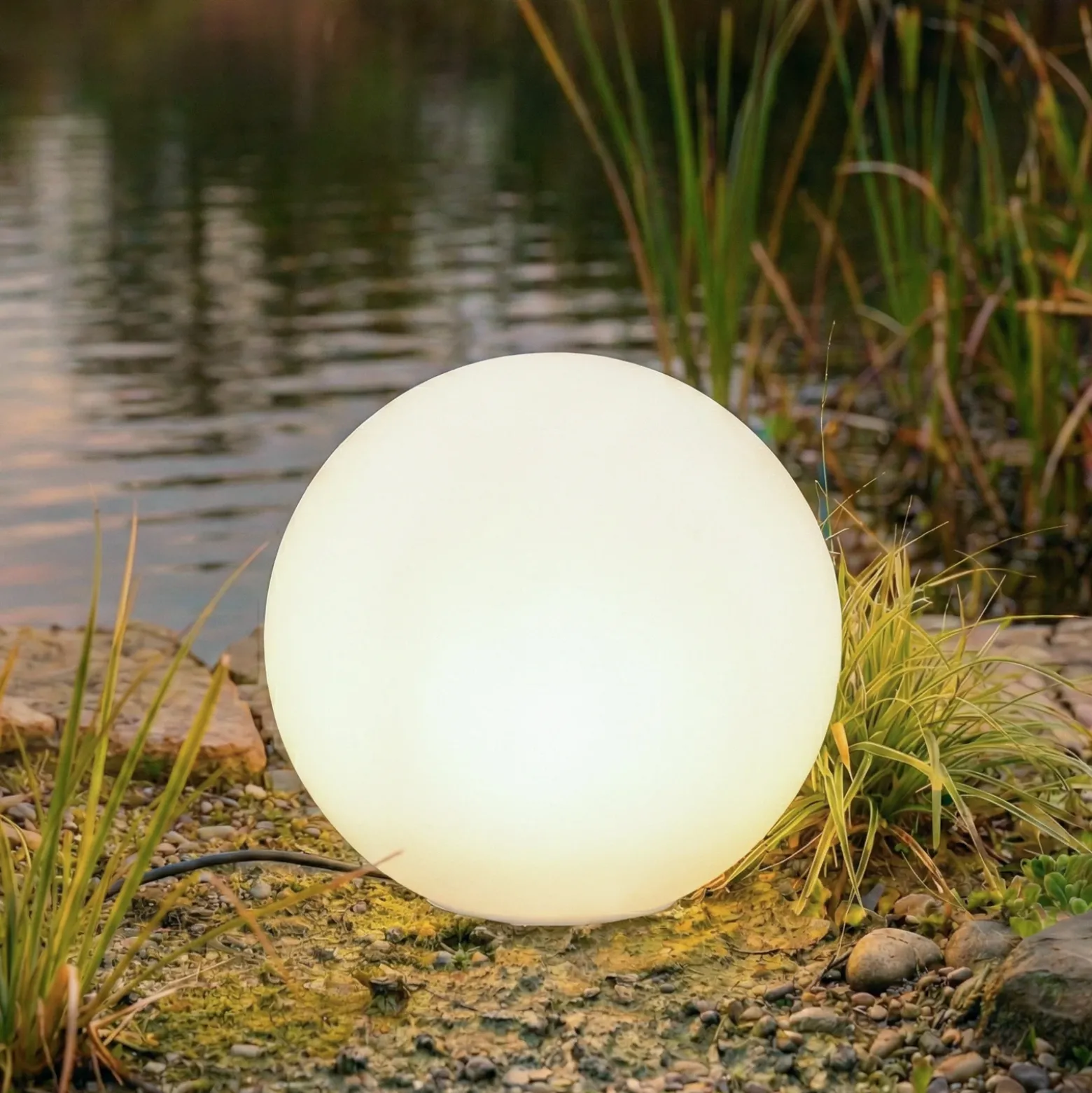 Lámpara globo Lindby Valyra, Ø 40 cm, IP54, pica para fijar en el suelo