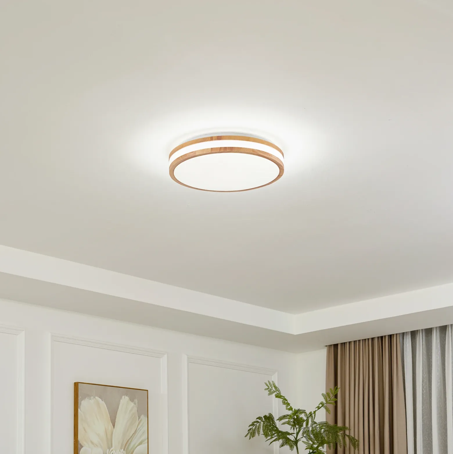 Lámpara LED de techo Emiva de Lindby, Ø 40 cm, madera clara, CCT