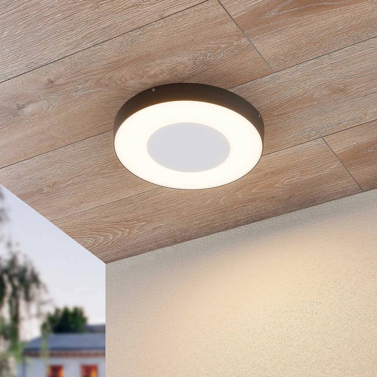 lámpara LED de techo para exterior Lucande Sora, redonda, sensor, IP54