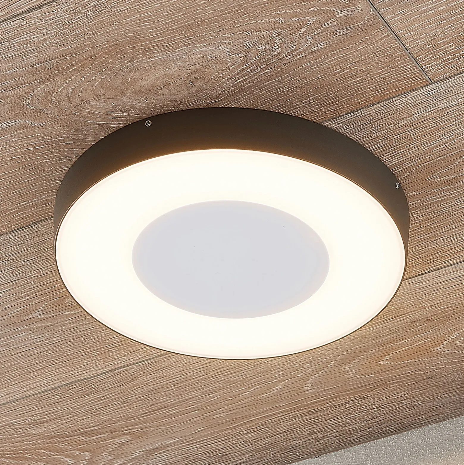 lámpara LED de techo para exterior Lucande Sora, redonda, sensor, IP54