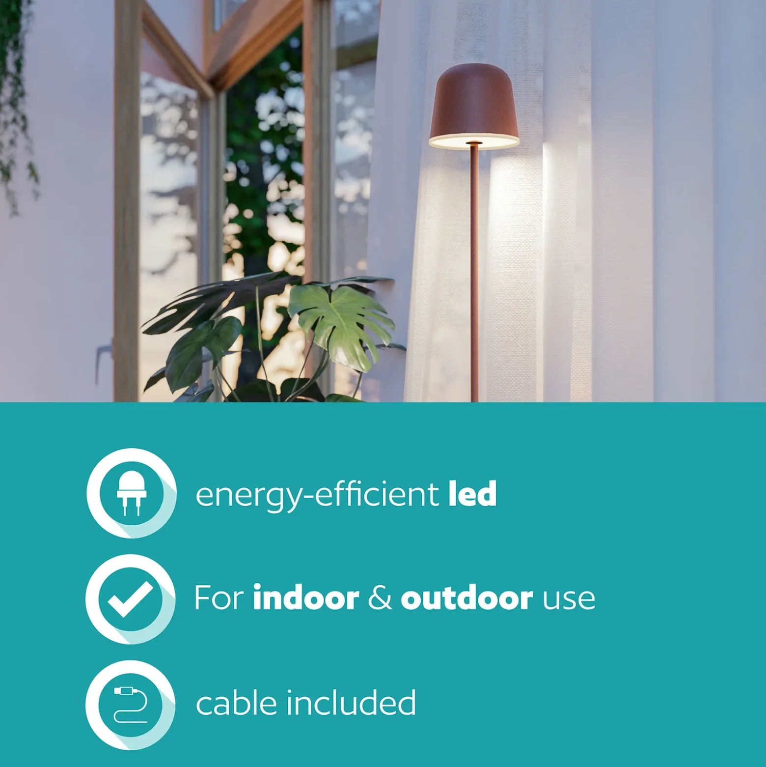 Lámpara LED de terraza con batería Mannera-L, color óxido, altura 140 cm