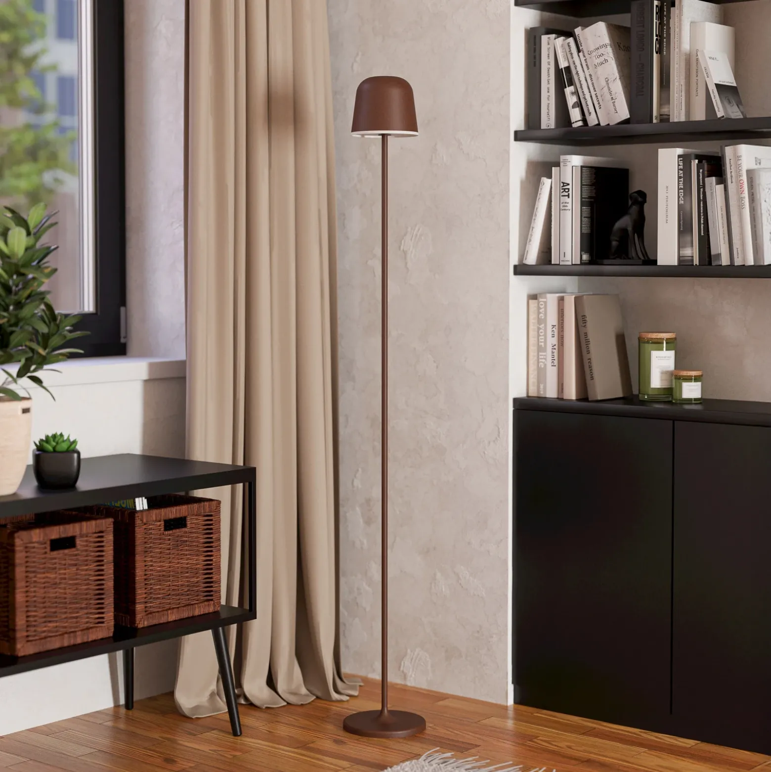 Lámpara LED de terraza con batería Mannera-L, color óxido, altura 140 cm