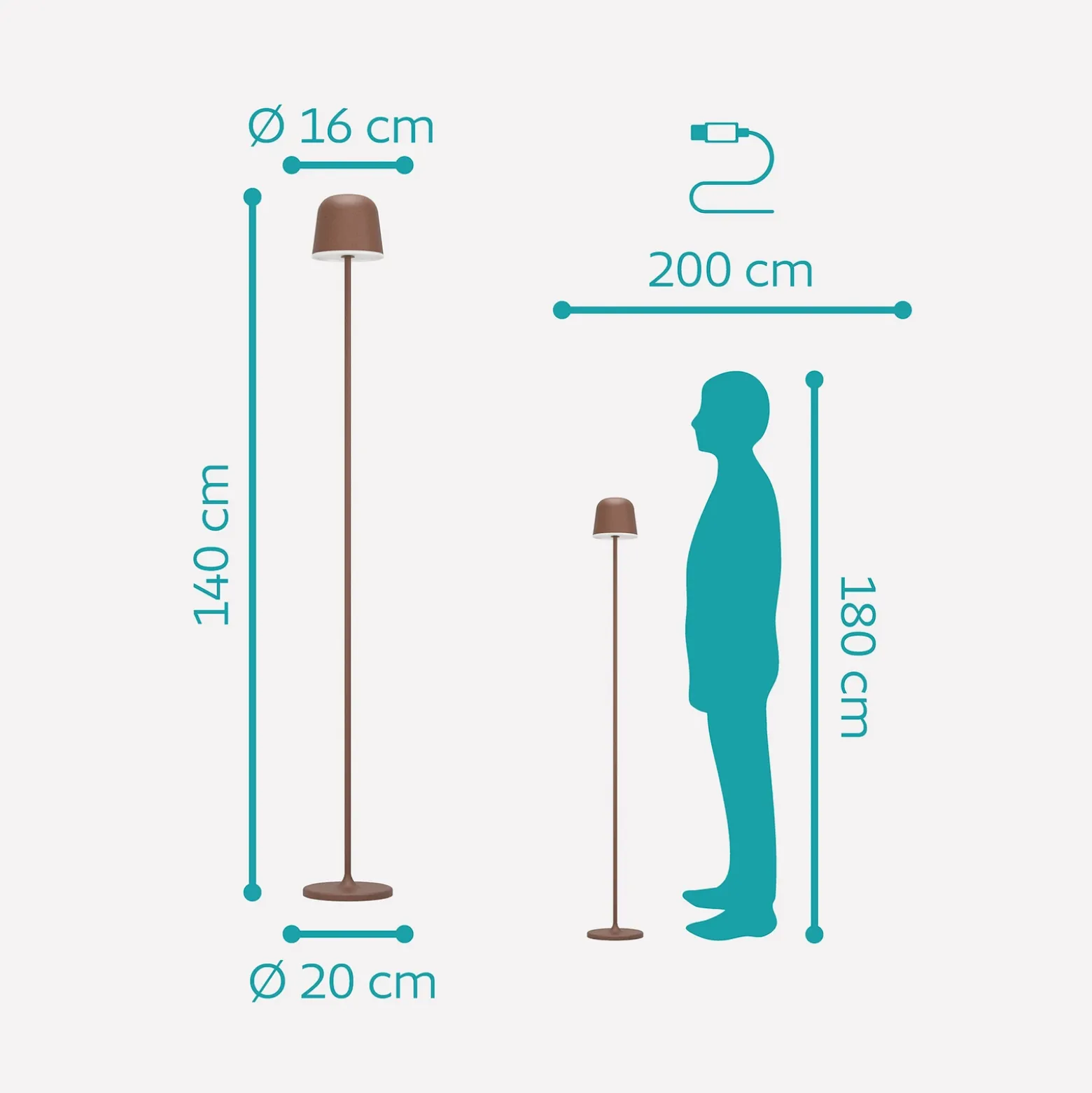 Lámpara LED de terraza con batería Mannera-L, color óxido, altura 140 cm