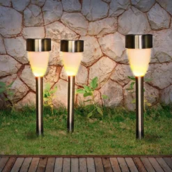Lámpara LED solar con pica 33576-3, acero inoxidable, juego de 3
