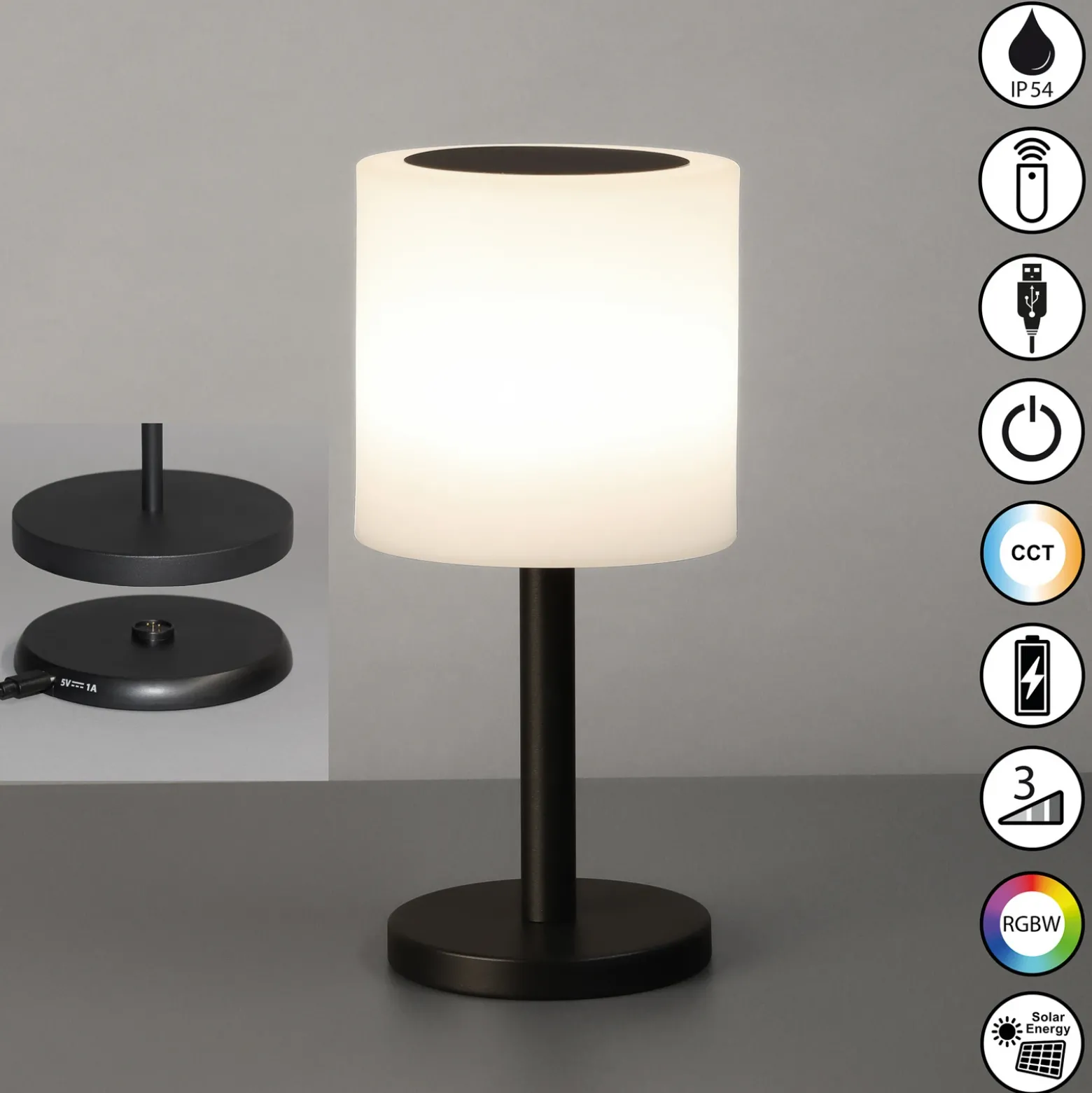 Lámpara LED solar de sobremesa para exteriores Milano Pro, RGBW, control