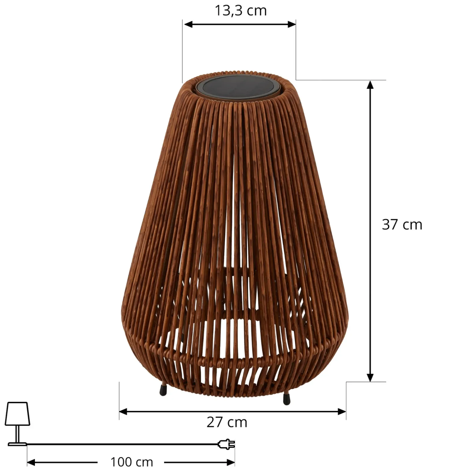 Lámpara LED solar Lindby Amaria, ratán, oscura, Ø 27 cm